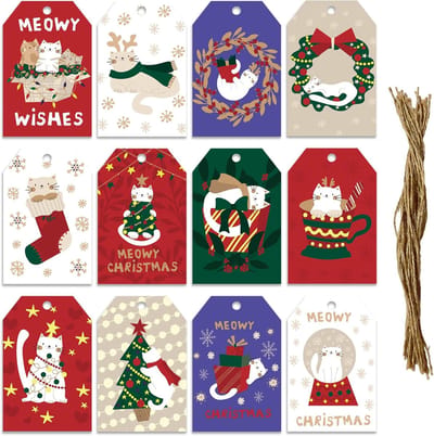 Vakantie cadeau-tags met henneptouw - kerstkat 12 ontwerp - 60 stuks - decoratieve cadeau-etiketten voor inpakpapier - kerstboom - nieuwjaarsdecoratie - feestelijke tags