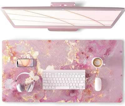 Grote muismat, schattige roze bureaumat voor desktop, vrouwen meisjes PU leer waterdicht gaming, roségoud marmeren computer pc laptop beschermer schrijfblokken voor school kantoor thuis