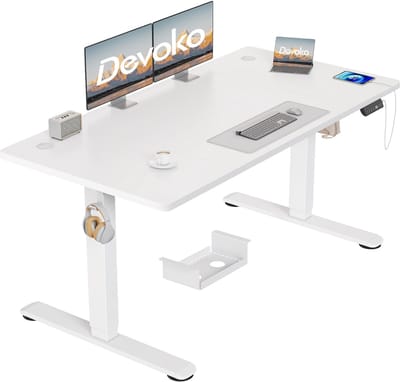 Devoko Elektrisch Zit-Sta Bureau 140x70 cm – 18 mm Dik Tafelblad – 3 Geheugenstanden – USB en Zit-alarm – Kabelmanagement – Wit frame met wit blad