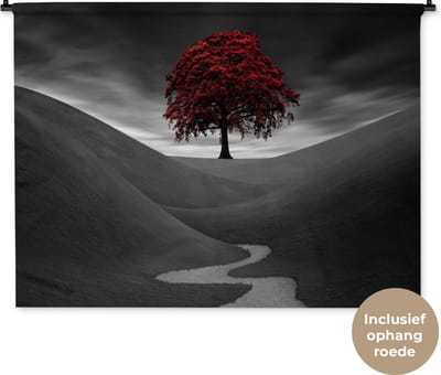 Wandkleed Rood zwart wit - Zwart-wit foto met een rode boom Wandkleed katoen 150x112 cm - Wandtapijt met foto
