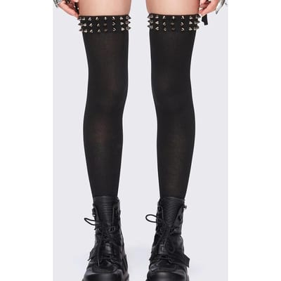 Y2K Gotische Punk Over-de-Knie Effen Polyester Kousen Spikes Klinknagels Afwerking Elastisch Antislip Lange Sokken Subcultuur Alt Kousen One Size black