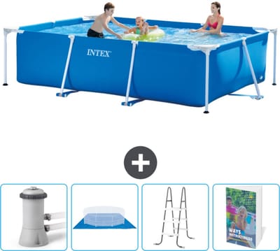 Intex Rechthoekig Frame Zwembad - 300 x 200 x 75 cm - Blauw - Inclusief Zwembadfilterpomp - Grondzeil - Ladder - Zwembadgids