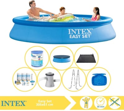 Intex Rond Opblaasbaar Easy Set Zwembad - 305 x 61 cm - Blauw - Inclusief Afdekzeil - Onderhoudspakket - Zwembadfilterpomp - Filter - Solar Mat - Ladder - Voetenbad - 8-delig