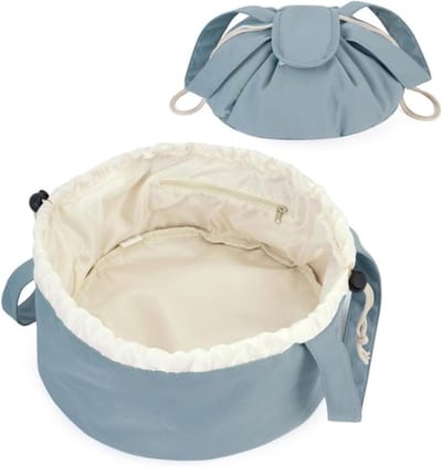 Handige Make-up Tas met Trekkoord, Plat Liggend Ontwerp, Ideaal voor Vrouwen en Meisjes, Blauw, Ruimtebesparend en Stijlvol