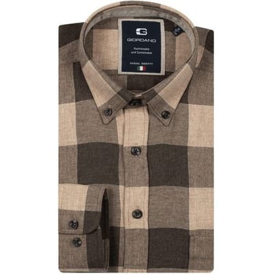 Giordano Overhemd Brando Wooltouch Melange Flanel Check Donker Bruin / male