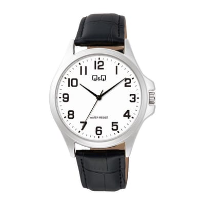 Q&Q C36A-013PY - Horloge - Polshorloge - Analoog - Mannen - Heren - Leren band - Rond - Metaal - Cijfers - Zwart - Zilverkleurig - DonkerBlauw
