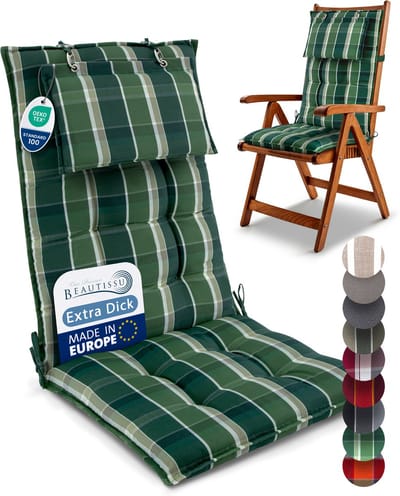 Beautissu Sun-HL -Premium Hoge Rugleuning Kussen met Hoofdkussen 120x50 cm – UV-bestendig & 8cm Dik Kussen Tuinstoelkussen Antislip Bevestigingsbanden – Stevige Stof Groen geblokt