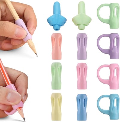 Ergonomische pen-adapters voor kinderen, 12 stuks, schrijfhulp voor betere grip en schrijfcorrectie, meerkleurig