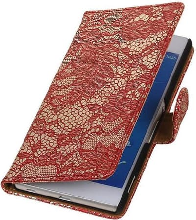 Lace Bookstyle Wallet Case Hoesjes Geschikt voor Sony Xperia Z4 Z3+ Rood