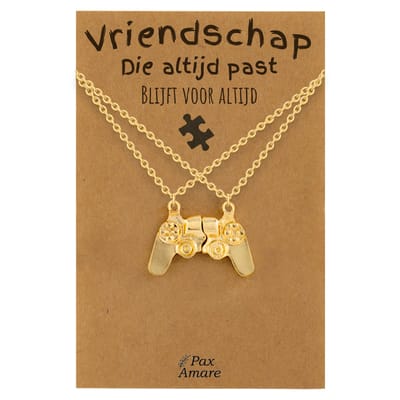 BFF Ketting voor 2 'Vriendschap die altijd past' - Controller - Vriendschapsketting op Cadeau Kaartje - 45cm + 5cm verstelbaar - Goudkleurig - Best Friends Hanger - Pax Amare