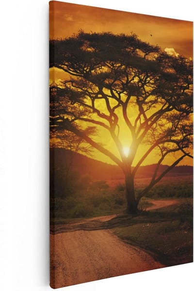 Artaza Canvas Schilderij Zonsondergang Afrika - 20x30 cm - Klein - Wanddecoratie Boom - Muurdecoratie Savanne - Schilderijen Op Canvas