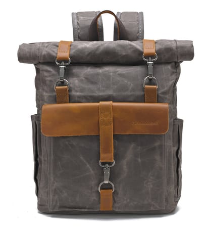 DE LAMASSU® Vintage Canvas Rugzak 15 Inch Laptop – Rolltop Backpack – Waterafstotend – Canvas & Echt Leer – 32x12x45-58 cm – Unisex