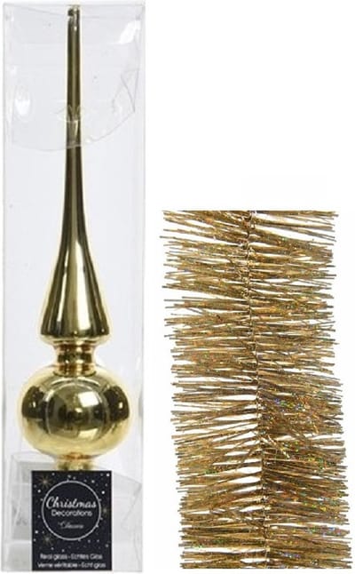 Kerstversiering glazen piek glans 26 cm en glitter folieslingers pakket goud van 3x stuks - Kerstboomversiering