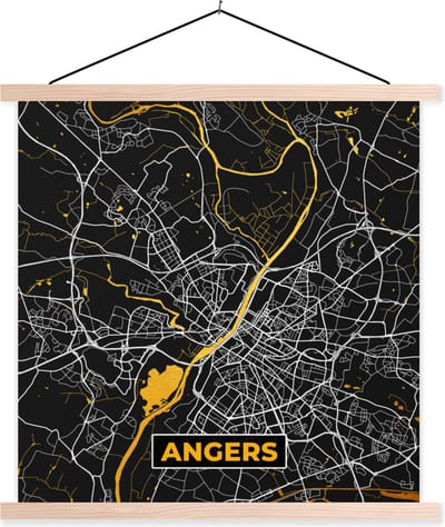 Posterhanger incl. Poster 40x40 cm - Schoolplaat - Angers – Plattegrond – Frankrijk – Kaart – Stadskaart - Textielposter - Blanke latten - Stadskaart