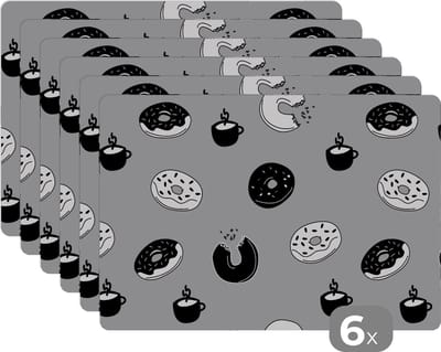 Placemat - Placemats kunststof - Donut - Patronen - Koffie - Zwart Wit - 45x30 cm - 6 stuks - Hittebestendig - Anti-Slip - Onderlegger - Afneembaar