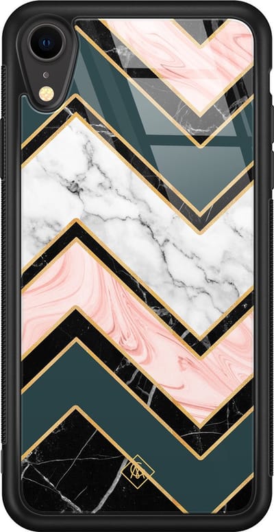 Casimoda® hoesje - Geschikt voor iPhone XR - Marmer Triangles - Luxe Hard Case Zwart - Backcover telefoonhoesje - Multi