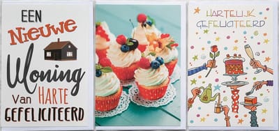 3 Wenskaarten - Nieuwe Woning + Hartelijk Gefeliciteerd + Blanco Kaart met Taartjes - 12 x 17 cm – WON-304