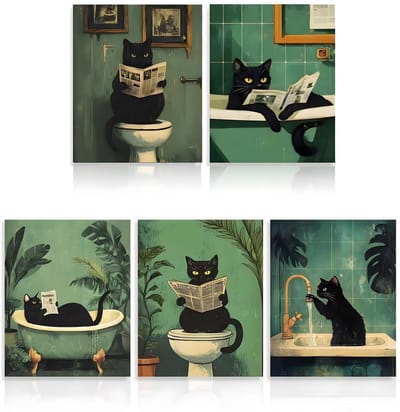 Dailygoods- Kattenposter 5 Stuks - Wanddecoratie Badkamer - Vintage Humor - Waterdicht - 25 x 20 cm - Canvas Afbeelding