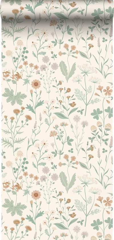 ESTAhome behang veldbloemen groen, terracotta en lila paars - 53 cm x 10.05 m - 139481