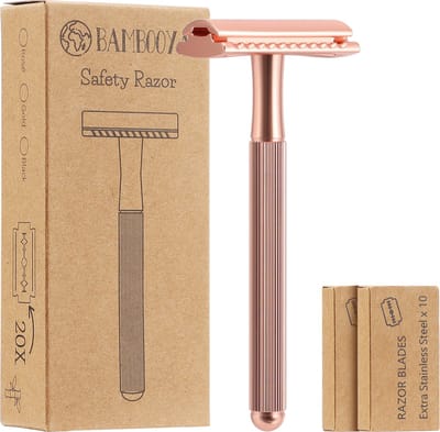 Bambooya Safety Razor met extra lang handvat + 20 scheermesjes - Safety Razor voor Vrouwen - Scheermesjes voor vrouwen dames - Rose Gold - Scheermesjes Oksels Benen - Zero Waste Bamboo