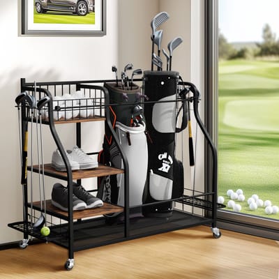 unho Golfopslag Garage Organizer - Golfrek geschikt voor 2 golftassen - Afsluitbare 360°-wielenstandaard - voor binnen en buiten - Opbergruimte voor golfuitrusting met 3 planken - Clubhouder - Ballenmand & haken