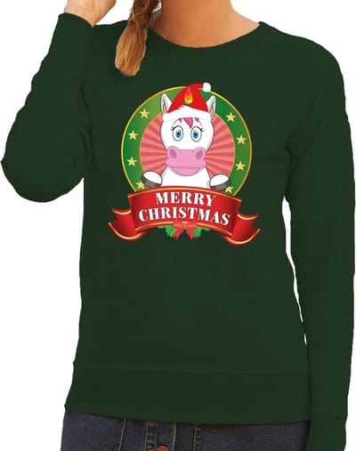 Foute kersttrui / sweater eenhoorn - groen - Merry Christmas voor dames XS