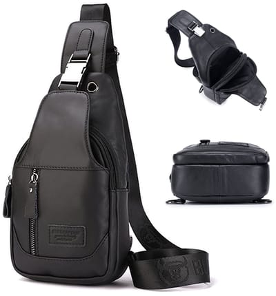 Wishdor Echt Leren Crossbody Tas Heren - Sling Bag / Borsttas met Anti-Diefstal Vak - 100% Leer - Zwart