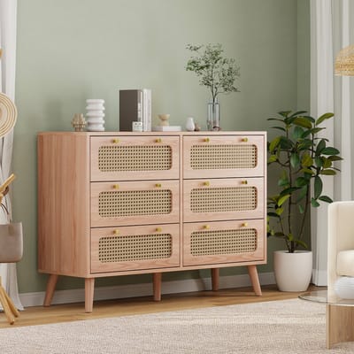 Rotan Dressoir Ladekast met 6 Laden, Houten Keukenkast Buffet met Metalen Handgrepen, Opbergkast Nachtkastje voor Slaapkamer, Keuken, Eetkamer, Woonkamer, Hal, 100x34x73cm (6 Laden, Houtkleur)