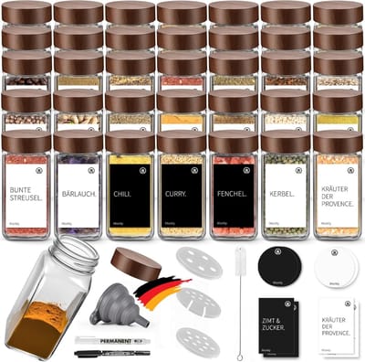 Kruidenpotjes, vierkant, set van 35, glazen kruidenstrooiers met houten deksel, 120 ml, keukenaccessoires voor het bewaren van specerijen, kruidenpotjes, kruidenpotjes met kruidenetiketten
