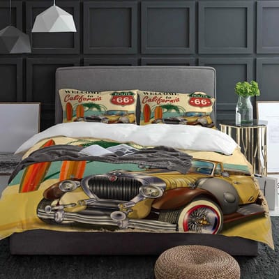Retro Auto Zeezicht Strand Poster Californië Beddengoed Set 3 stuks Dekbedovertrek Kussensloop Dekbedovertrek Tweepersoonsbed Set Hometextiel EU single(135x200cm) white