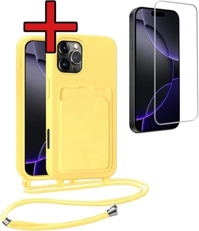 Hoesje Geschikt voor iPhone 16 Pro Hoesje Met Telefoonkoord en Pasjeshouder Met Screenprotector Siliconen - Hoes Geschikt voor iPhone 16 Pro Hoesje Met Kaarthouder Case - Geel