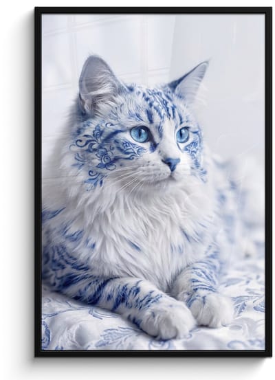 Poster in lijst - Fotolijst 80x120 cm - Posters - Kat - Patroon - Blauw - Posterlijst zwart - Decoratie - Wanddecoratie woonkamer - Muurdecoratie slaapkamer
