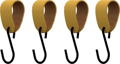 S-haakje Zwart + leren hanger: OKERGEEL - Maat S - set van 4 (S-haakjes - kapstokhaakje - handdoekhaakje - kapstokhaak - ophanghaken - S-haken)