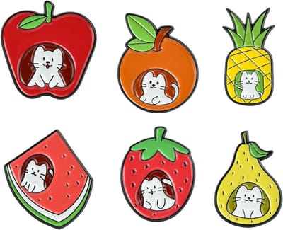 Cosensi - Set van 6 cartoon fruit en kat emaille pins - witte kitten broches voor hoeden, kleding en tassen - sieraden knutselen - mannen - schattige en nieuwigheden