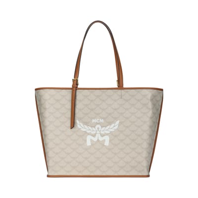 MCM Himmel Lauretos All Over Print Grote Canvas en Leer Tote Bag Medium Dames Tote Bag Beige MWPESAC03I9001 Basic Set (Bag+Dust Bag) gray