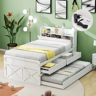 Houten Eenpersoonsbed 90x190 cm met Uitschuifbed, 2 Opberglades, Nachtkastje met USB en Lattenbodem - Massief Grenenhout - Wit
