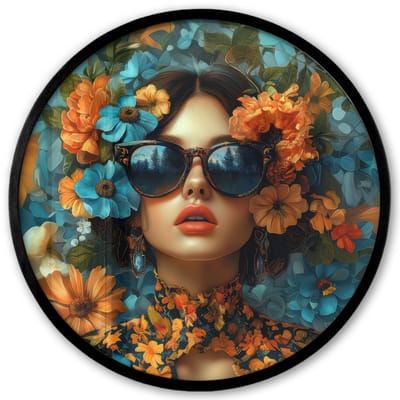 Poster in lijst Rond - Fotolijst 40x40 cm - Posters - Vrouw - Bloemen - Oranje - Blauw - Modern - Ronde posterlijst zwart - Decoratie - Wanddecoratie woonkamer - Muurdecoratie slaapkamer