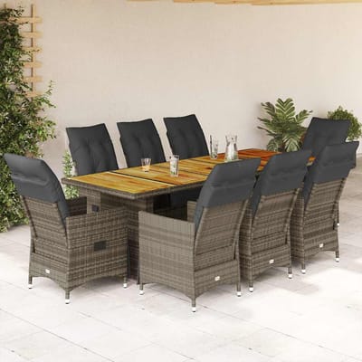 vidaXL - 9-delige - Bistroset - met - kussens - poly - rattan - grijs