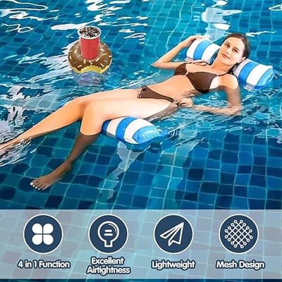 Luchtmatras voor Volwassenen en Kinderen, Waterhangmat met Net, Duurzaam Waterhangmat met Opblaasbare Bekerhouder, 4-in-1 Luchtmatras met Net, voor Zwembaden Stranden (Blauw)