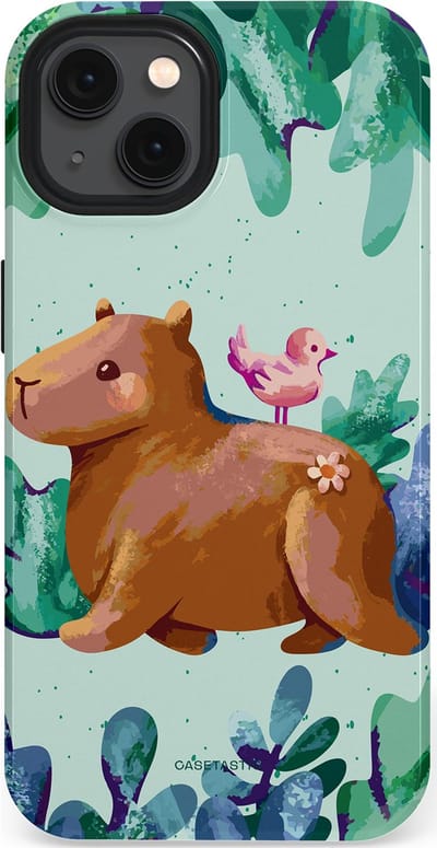 Casetastic Hoesje Geschikt voor Apple iPhone 13 Magsafe - Stijlvolle Beschermende Duo-layer Case - Capibara Vogeltjes Vriend