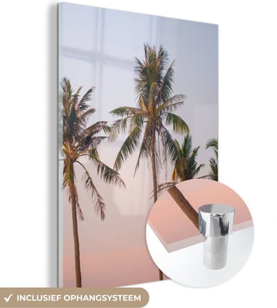 MuchoWow® Glasschilderij 120x160 cm - Schilderij acrylglas - Palmbomen - Zomer - Pastel - Foto op glas - Schilderijen
