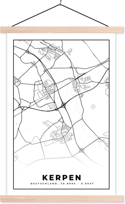 Posterhanger incl. Poster 40x60 cm - Schoolplaat - Kerpen - Plattegrond - Kaart - Stadskaart - Textielposter - Blanke latten - Stadskaart