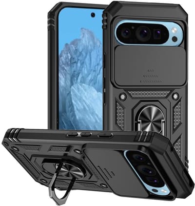 Coverup Hoesje - Geschikt voor Google Pixel 10 / 10 Pro / 9 / 9 Pro Hoesje - Coverup Armor Ring Kickstand Back Cover met Camera Shield - Zwart