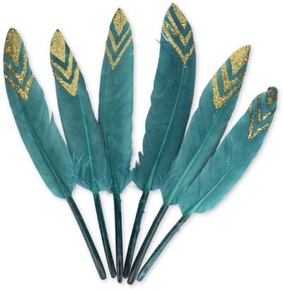 ARTYFETES - 6 Pauwenblauwe Veren met Goudglitters 12-14 cm voor Etnische Decoratie