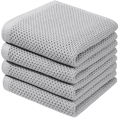 Zachte en Absorberende Keukenhanddoeken van 100% Katoen - Wafelweefsel, Sneldrogend, 4-PACK, Lichtgrijs