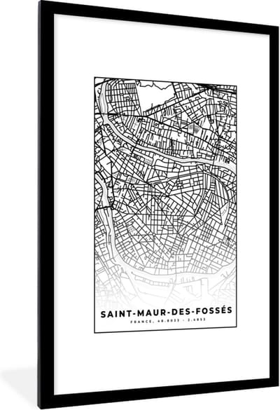 Fotolijst incl. Poster Zwart Wit- Frankrijk - Kaart - Plattegrond - Stadskaart - Saint-Maur-des-Fossés - Zwart wit - 80x120 cm - Posterlijst