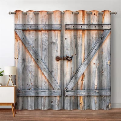 Houten deur in landelijke stijl 3D digitale print gordijn Woonkamer slaapkamer Huisdecoratie 90g polyestervezel twee panelen W50xH130(CM)x2pcs&Grommet Top