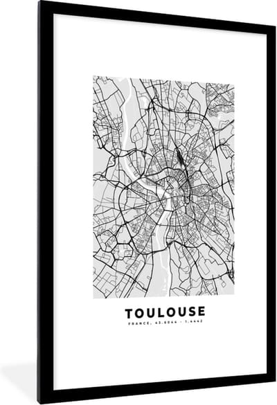 Fotolijst incl. Poster - Frankrijk - Plattegrond - Kaart - Toulouse - Stadskaart - 80x120 cm - Posterlijst