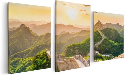 Artaza Canvas Schilderij Drieluik De Chinese Muur door de Bergen met Zon - 120x60 - Foto Op Canvas - Canvas Print