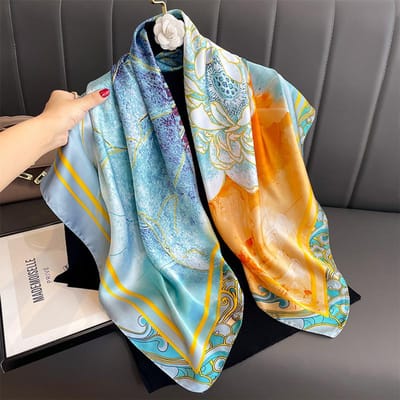 Foulard Carré Hijab en Soie Satinée Imprimé pour Femmes Bandana 90cm Foulards de Tête Cache-cou Écharpe Châle Enveloppe Foulard Bandeau 90X90CM orange